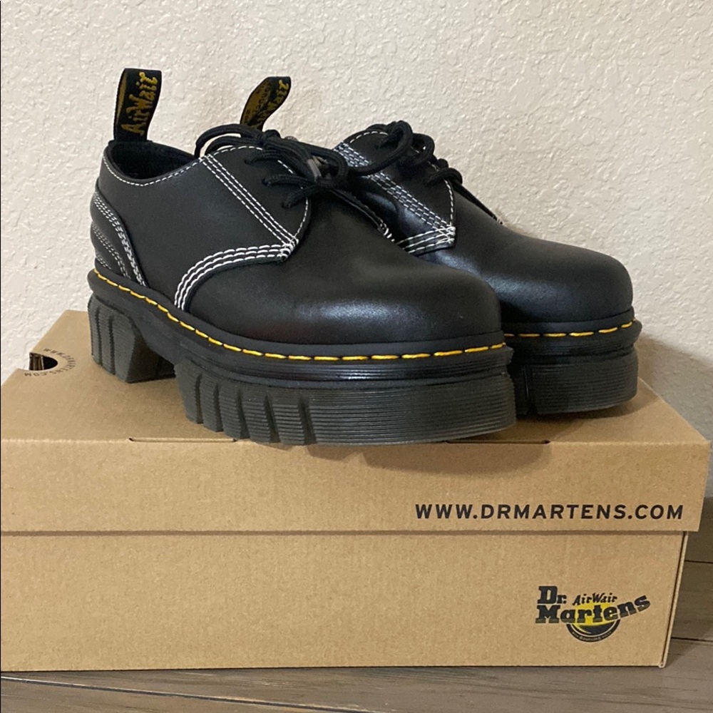 Dr. Martens Black Platform Lace-Up Shoes with Yellow Stitching
